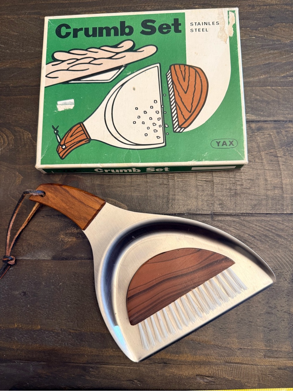 Vintage 1960s YAX Stainless Steel Crumb Set with Wood Accent with magnetic brush